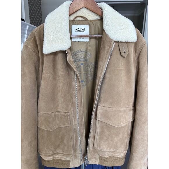 $2,200 MSRP Valstar Flight Jacket Tan Suede Shearling Collar Men Size IT54 NEW - Picture 2 of 13